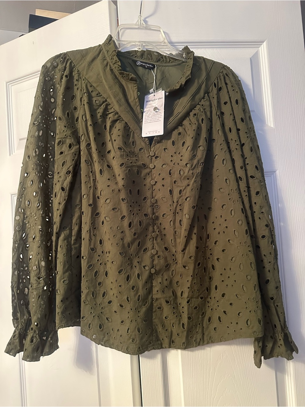 Eyelet Puff-Sleeve Blouse — Olive Green by Anthropologie